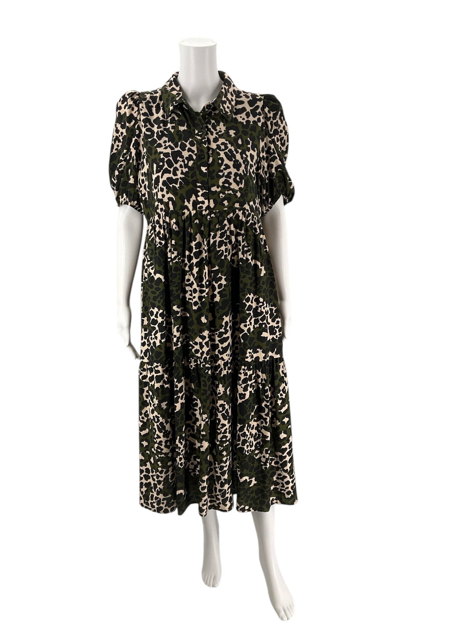Tcec Olive/Black Animal Print Dress - Size Large with short sleeves and tiered skirt, displayed on mannequin front view.