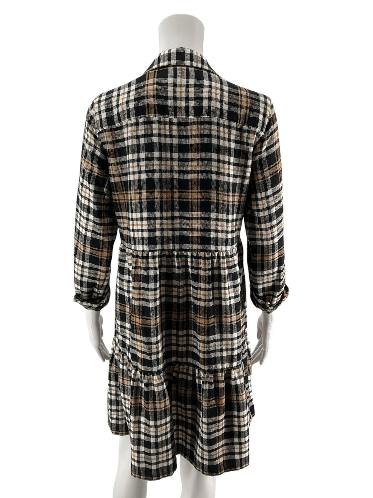 LOFT Plaid Tiered Shirtdress Tan Black Viscose Blend Size XS