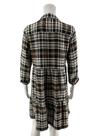 LOFT Plaid Tiered Shirtdress Tan Black Viscose Blend Size XS