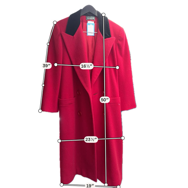 Harve Benard by Bernard Holtzman red/black Maxi Coat, Overcoat, Chesterfield, Double Breasted Vintage Harve Benard Red Wool Maxi Coat Black Velvet Collar Saks USA Sz 4 - Size 4