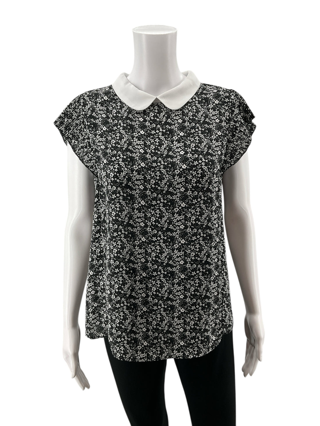 Adrianna Papell Black White Ditsy Floral Peter Pan Collar Blouse Top Size Small