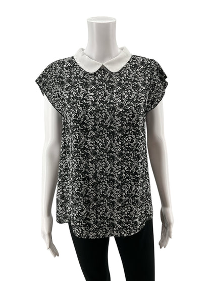 Adrianna Papell black/white Cap Sleeve Black White Ditsy Floral Peter Pan Collar Blouse Top Size Small - Size S
