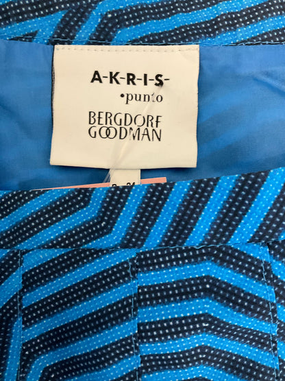 Akris punto Geometric Op Art Print Pleated A-Line Skirt Blue Black Cotton US 4