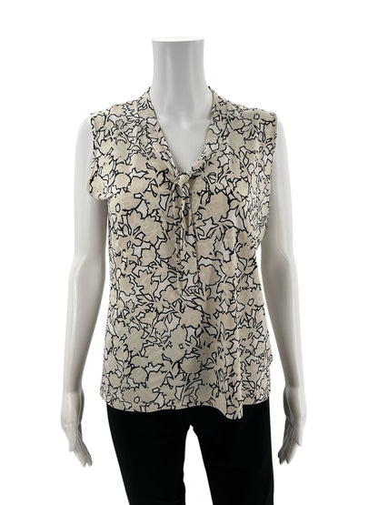 Jones New York tan and white print sleeveless tie-neck blouse, V-neck, size petite large, perfect for business casual wear.