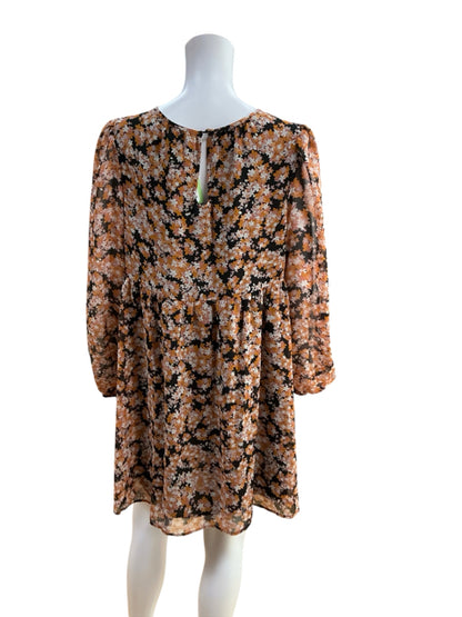Sanctuary Floral Long Sleeve V-Neck Mini Dress Black Burnt Orange Pink Size S NWT