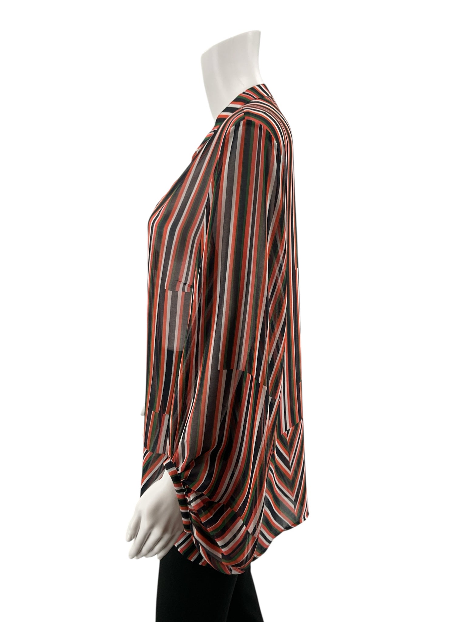 cabi Navy/Green/Coral Long Sleeve Chevron Tunic Top Size Medium Navy Green Coral Stripe Sheer Tie Cuff Blouse 5519 - Size M