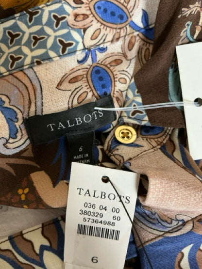 Brand and size tags on Talbots Patchwork Floral Shirt Dress NWT, confirming size 6 and original retail labeling.