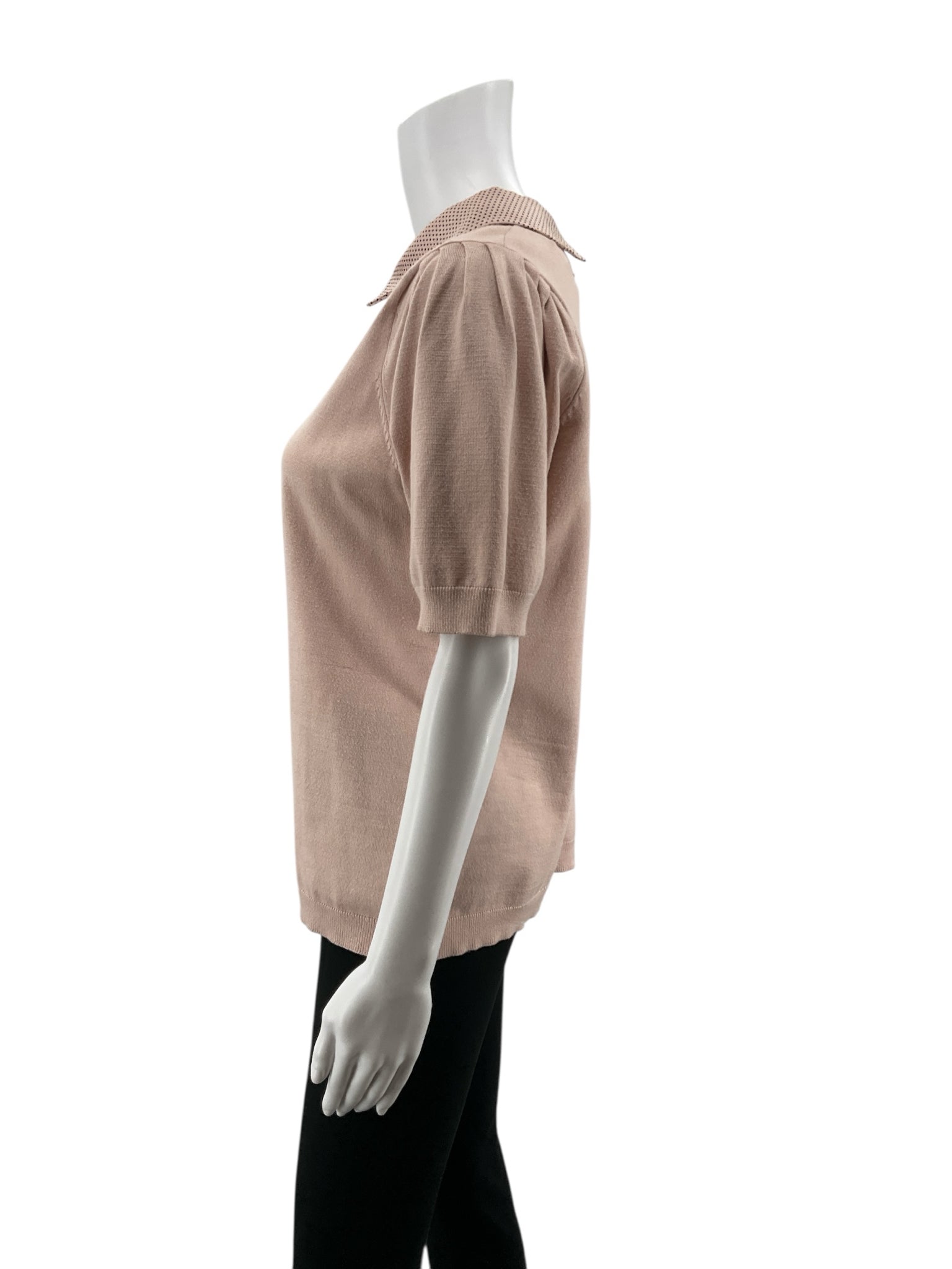 Adrianna Papell Pink Short Sleeve Pink Polka Dot Peter Pan Collar Puff Knit Top Size Medium - Size M