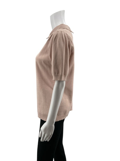 Adrianna Papell Pink Short Sleeve Pink Polka Dot Peter Pan Collar Puff Knit Top Size Medium - Size M