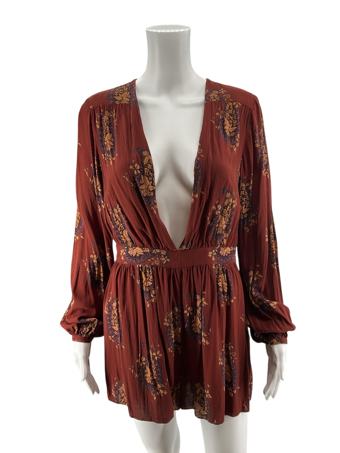 Ecote Rust Paisley Floral Boho Long Sleeve Romper Size 8