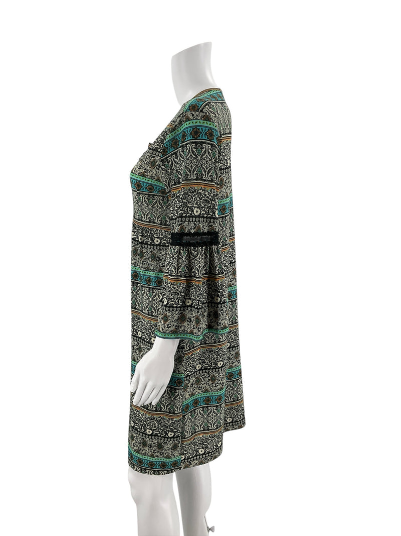 Espresso Tan/Black/Teal Floral Pre-Owned Ladies Dress - Size Small