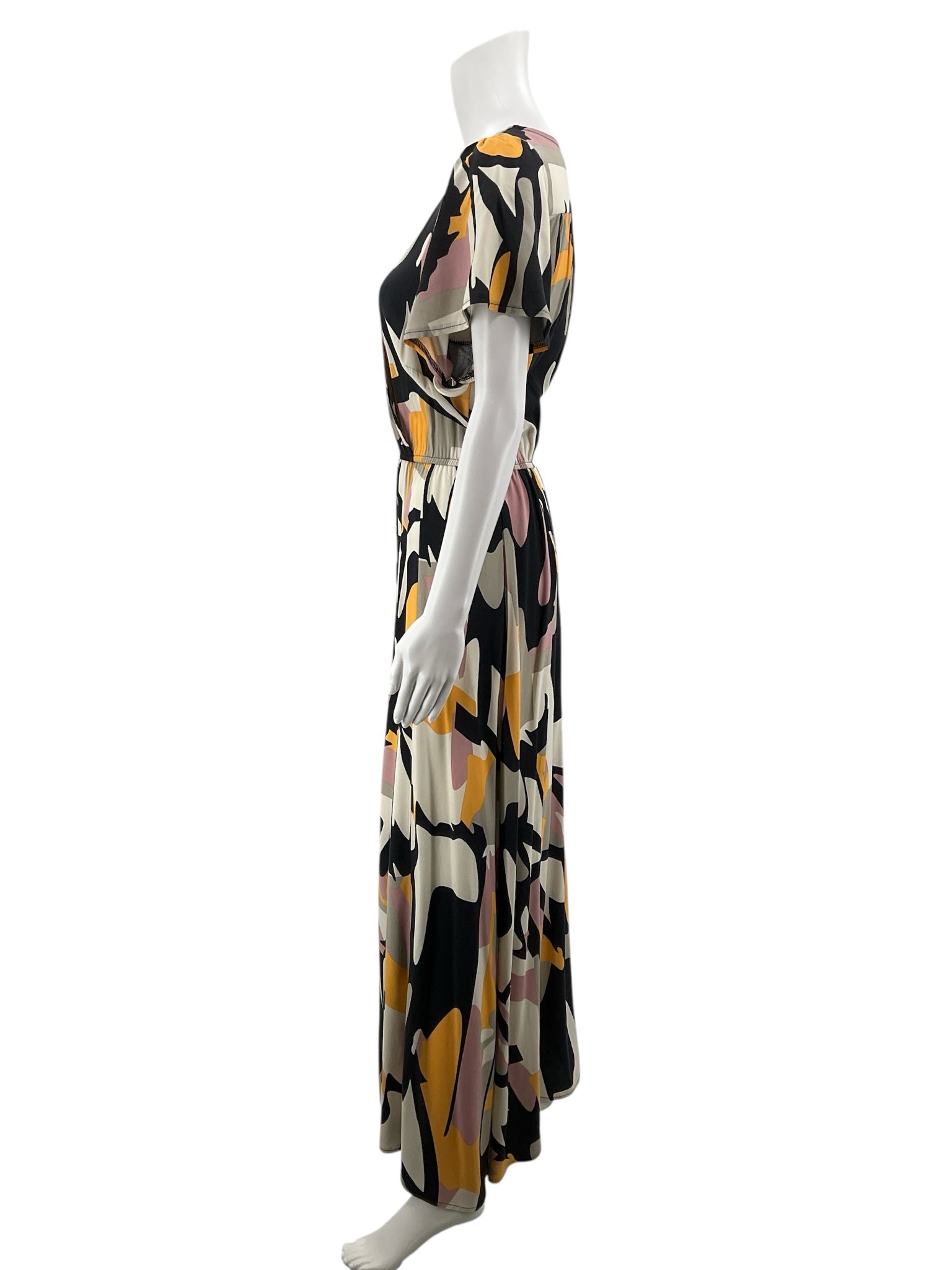 Lascana Abstract Print Flutter Sleeve Maxi Dress with Slit | Size 4