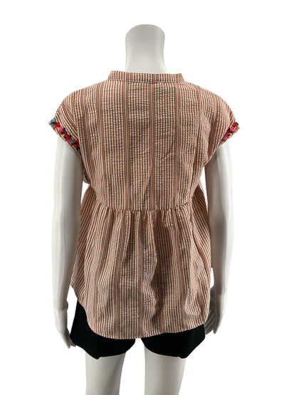 THML Striped Embroidered Tassel Tie Boho Peasant Top Size XS