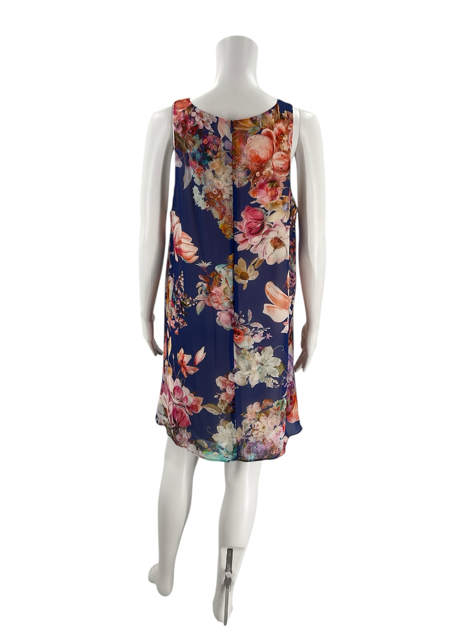 Back view of Lavender Brown Blue/Multi Floral Dress - Size Large, showcasing the sleeveless design and colorful floral pattern on navy base.