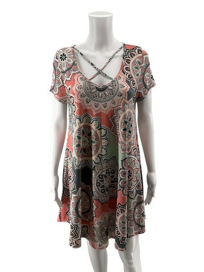 Jodifl Gray Coral Mint Medallion Print Crisscross Neck Tunic Dress Size Small