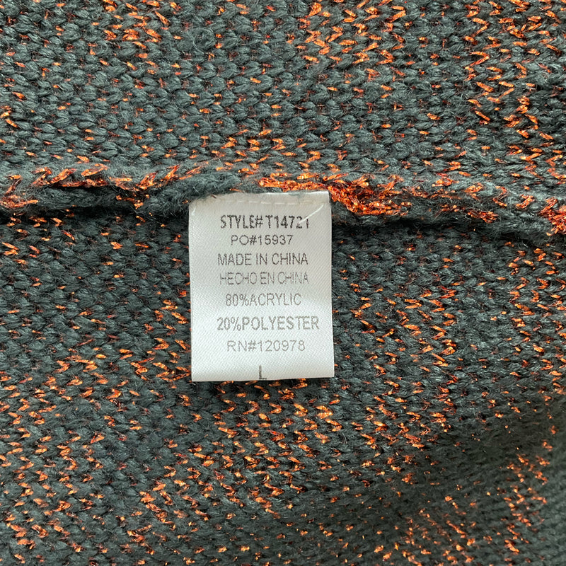 Fabric content tag of Entro Gray/Copper Print Top showing 80% acrylic and 20% polyester blend, made in China, size large.