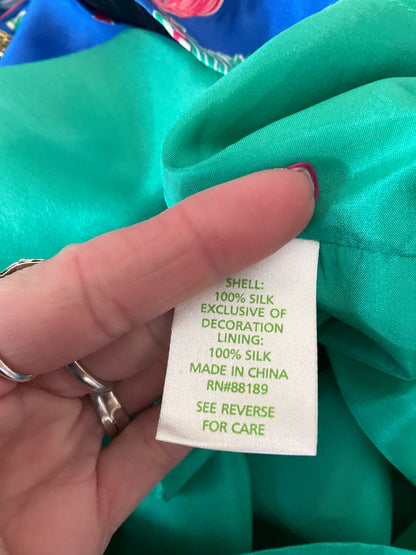 Lilly Pulitzer blue/pink/green Shift Elsa Silk Halter Dress Tassels Print Size 2 - Size 2