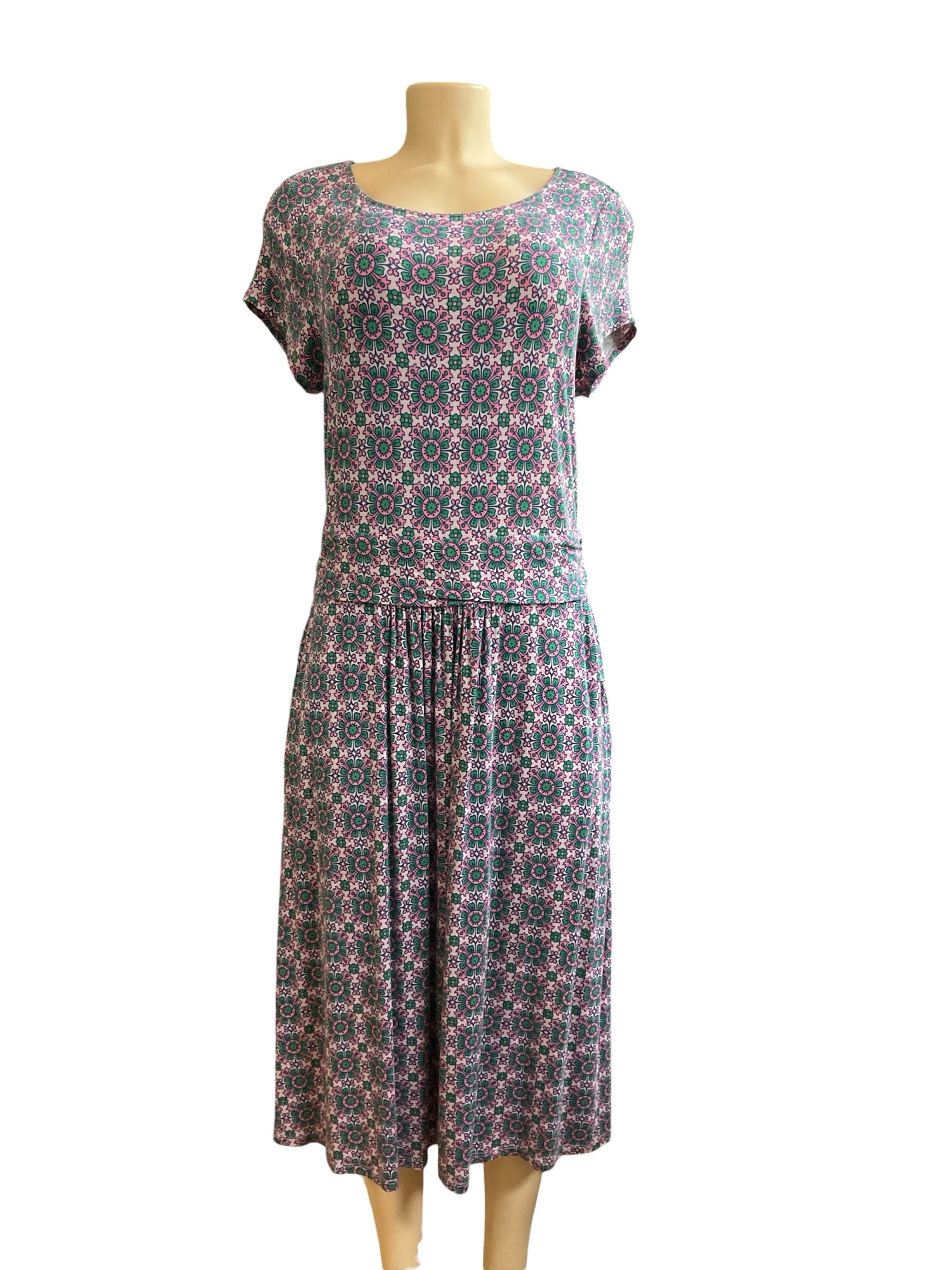 Boden Imogen Jersey Dress US 12L Geometric Tile Print Pink Green Cap Sleeve
