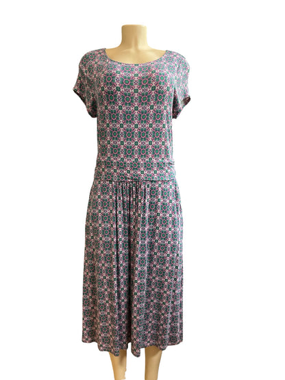 Boden Imogen Jersey Dress US 12L Geometric Tile Print Pink Green Cap Sleeve