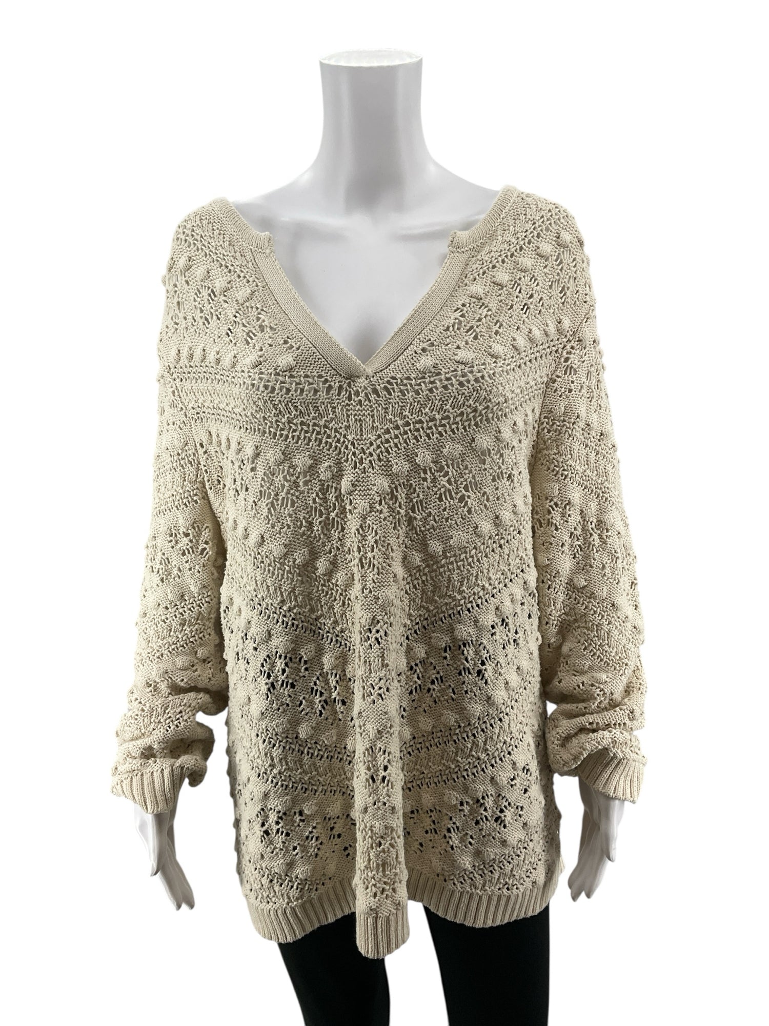 J. Jill Tan Open Knit Boho Sweater Cotton Blend V-Neck Pullover Top XL