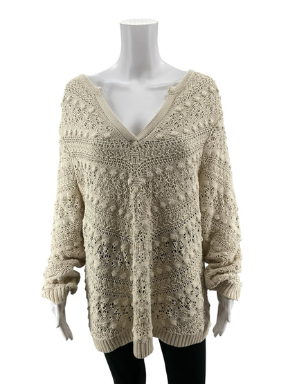 J. Jill Tan Open Knit Boho Sweater Cotton Blend V-Neck Pullover Top XL