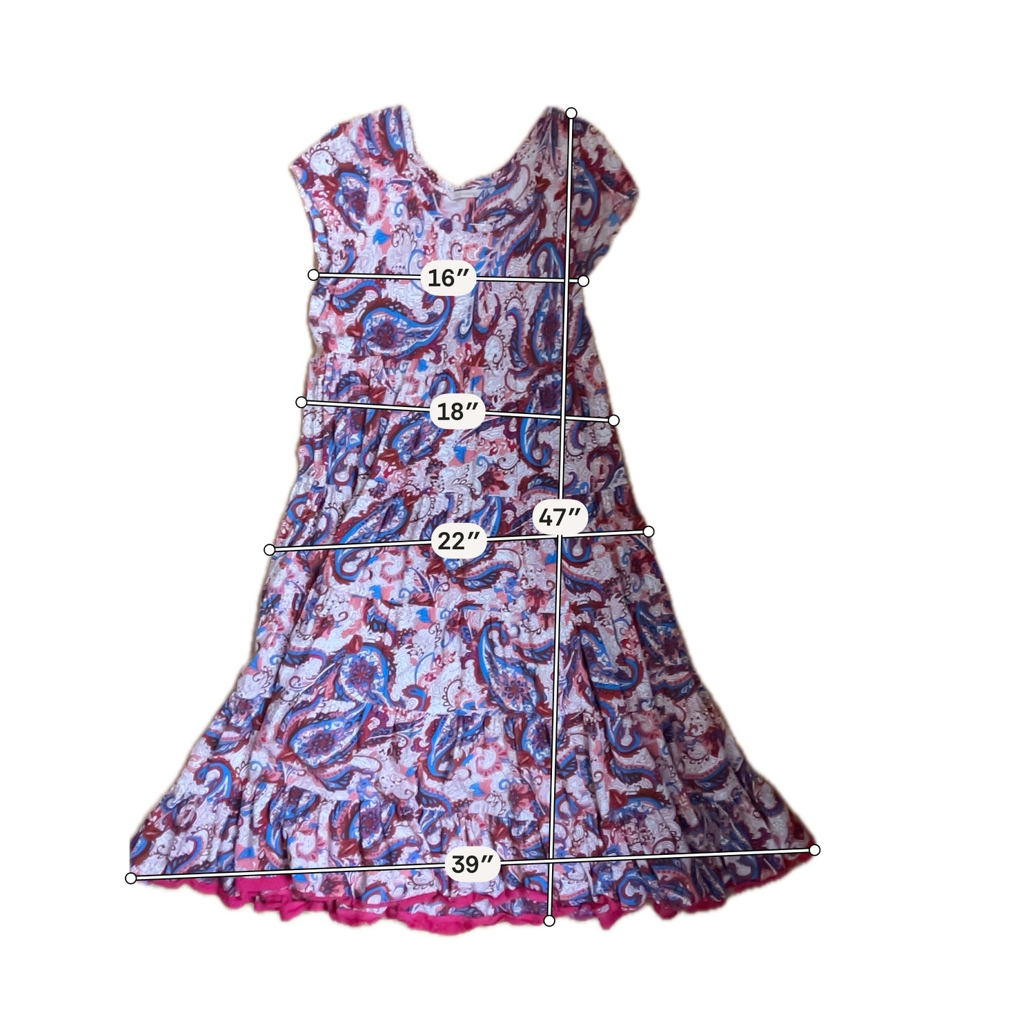 Soft Surroundings Tan/Red/Blue Boho Delphine Paisley Tiered Midi Dress Boho Cap Sleeve Size Large - Size L