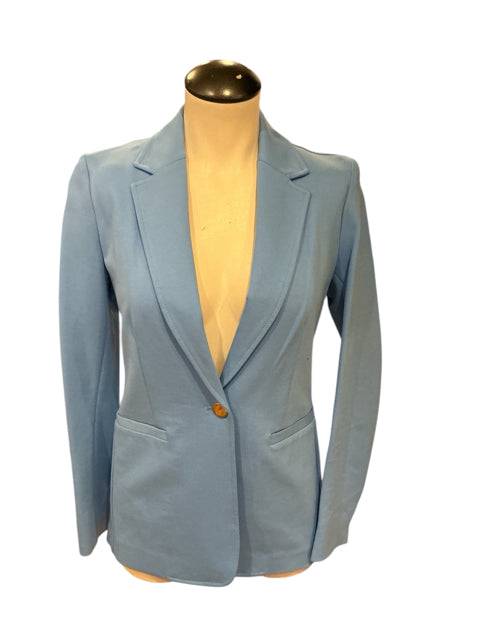 Bar 111 Jacket Size XS in light blue with a single-button front and notched lapel, available at Margaret’s Fine Consignments.