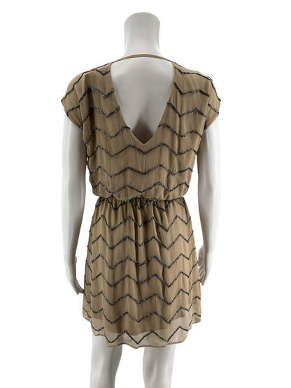 Ranna Gill Tan Chevron Beaded V-Neck Mini Dress Size Petite XS