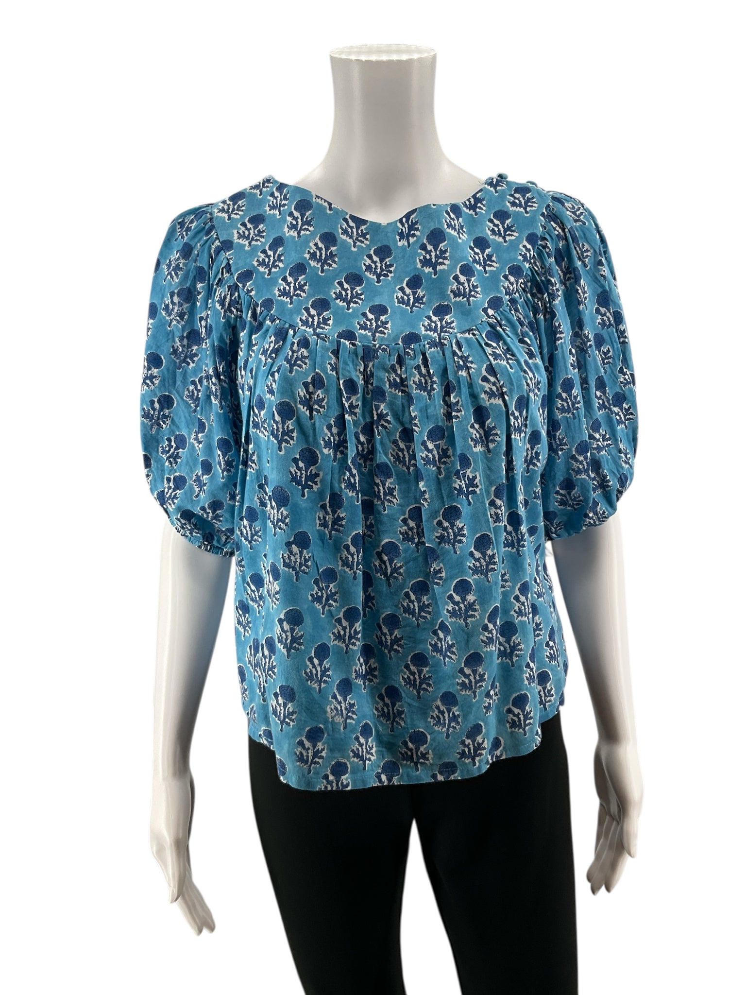 Emerson Fry blues/white Short Sleeve India Collection Blue Floral Block Print Organic Cotton Top Small - Size S
