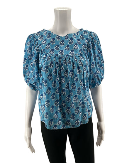 Emerson Fry blues/white Short Sleeve India Collection Blue Floral Block Print Organic Cotton Top Small - Size S