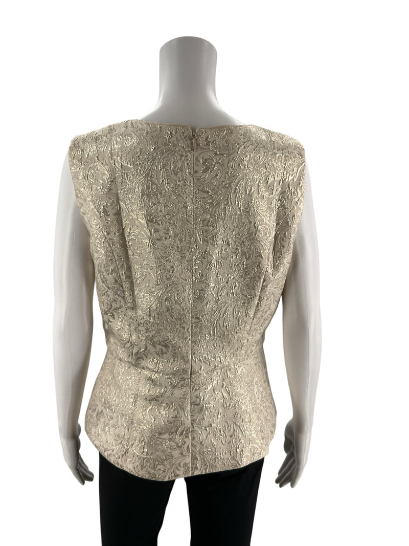 White House Black Market Cream/Gold Floral Pre-Owned Ladies Top - Size 8