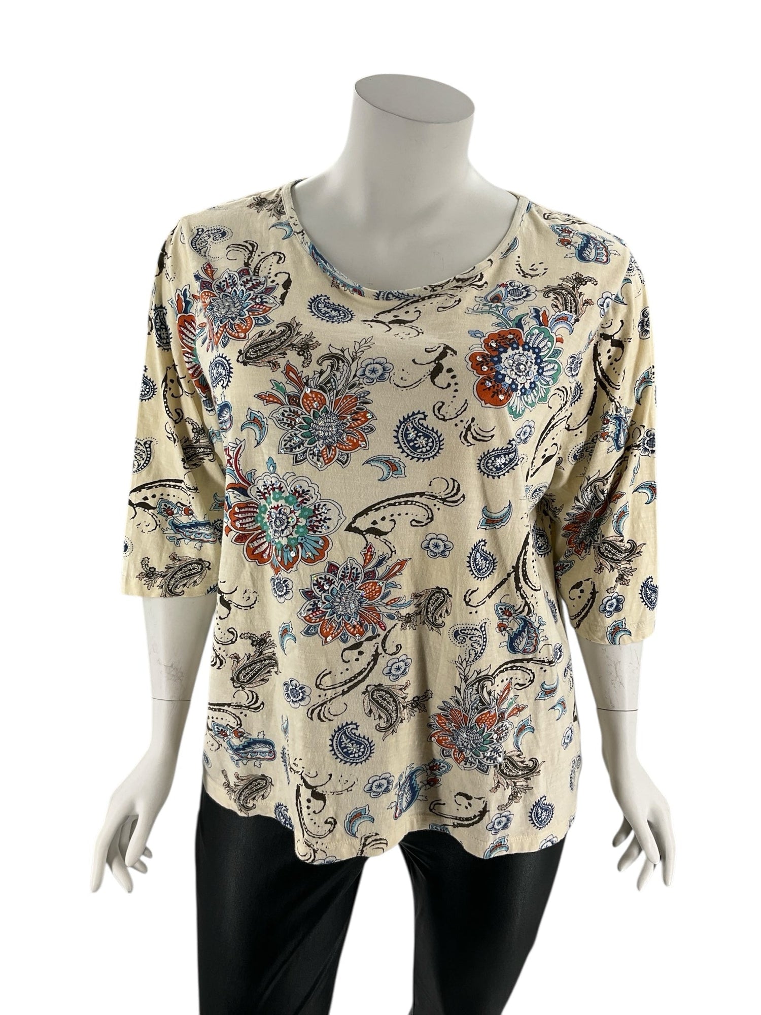 Catherines Cream/Blue/orange Print Pre-Owned Casual Top - Size 1X - Margaret’s Fine Consignment