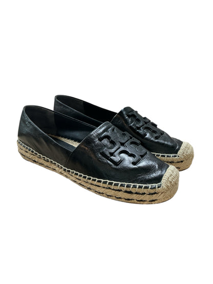 Tory Burch Ines Black Leather Double T Logo Espadrille Flats Size 9