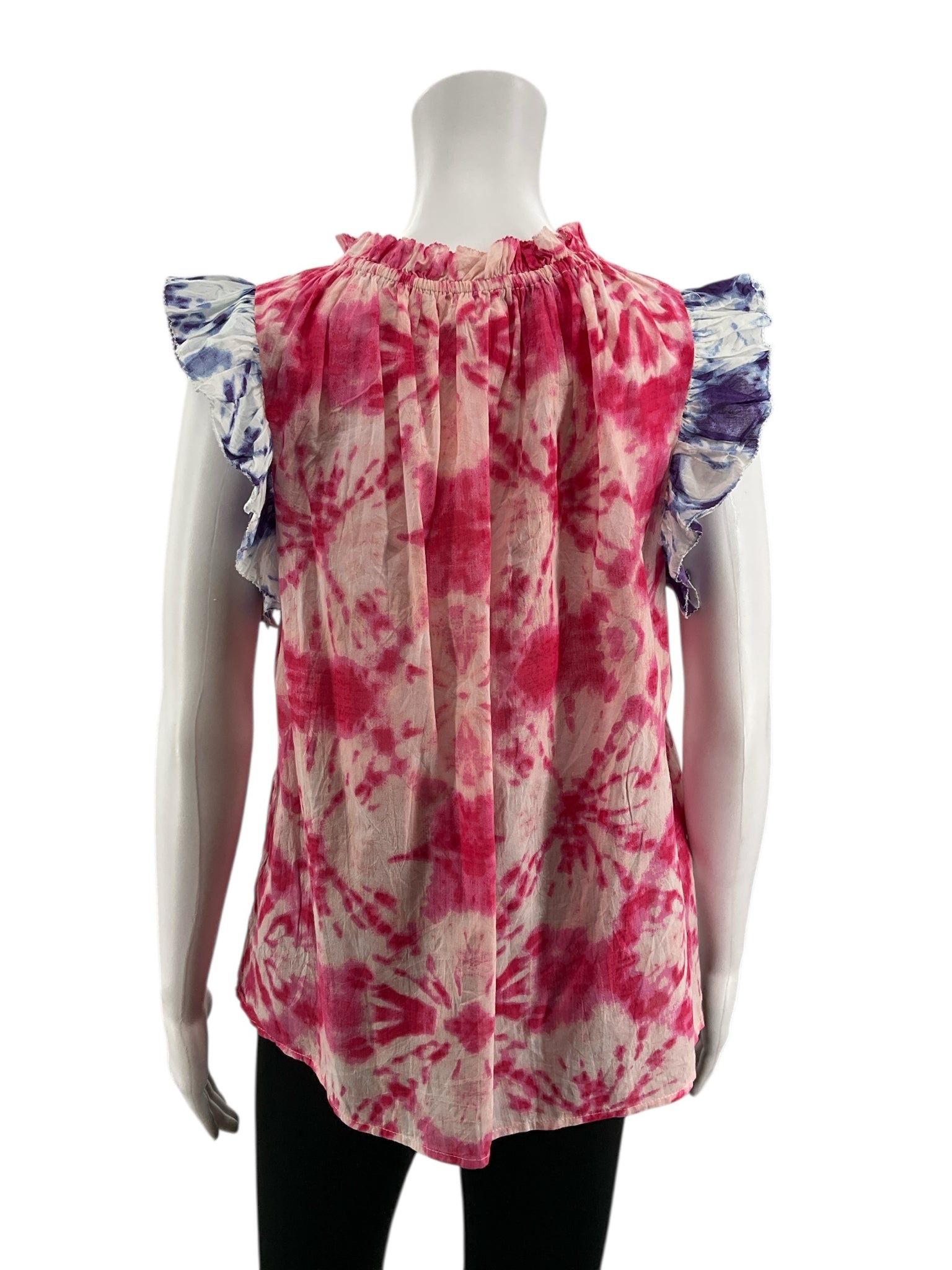 THML Pink/Purple Cap Sleeve Tie-Dye Ruffle Neck Sleeveless Bohemian Top Pink Purple Size Medium NWT - Size M