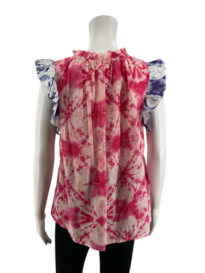 THML Pink/Purple Cap Sleeve Tie-Dye Ruffle Neck Sleeveless Bohemian Top Pink Purple Size Medium NWT - Size M
