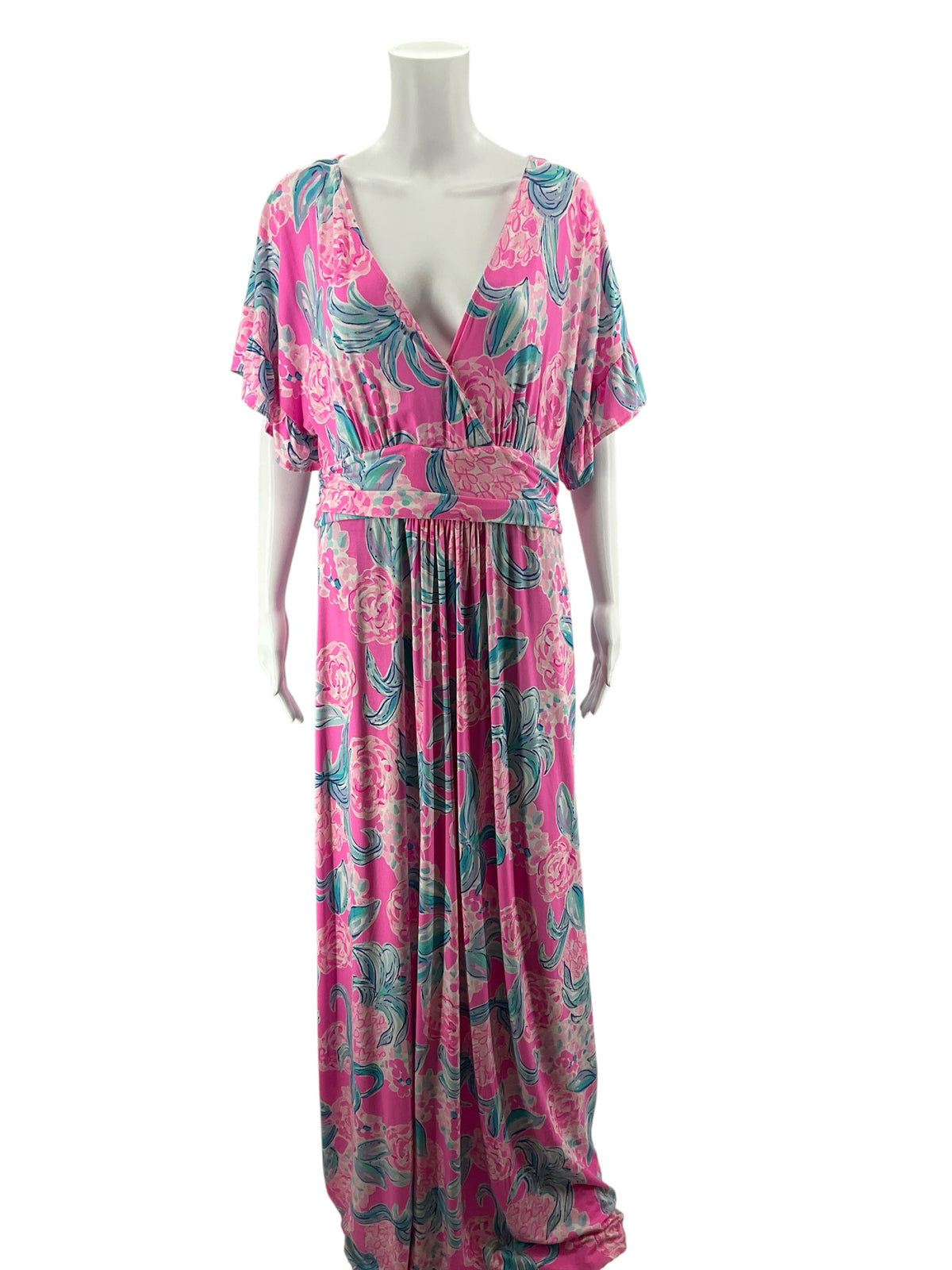 Lilly Pulitzer Pre-Owned Tropical Floral Flutter Sleeve Maxi Dress Size XL - Pink, Blue, White - ONLINE ONLY