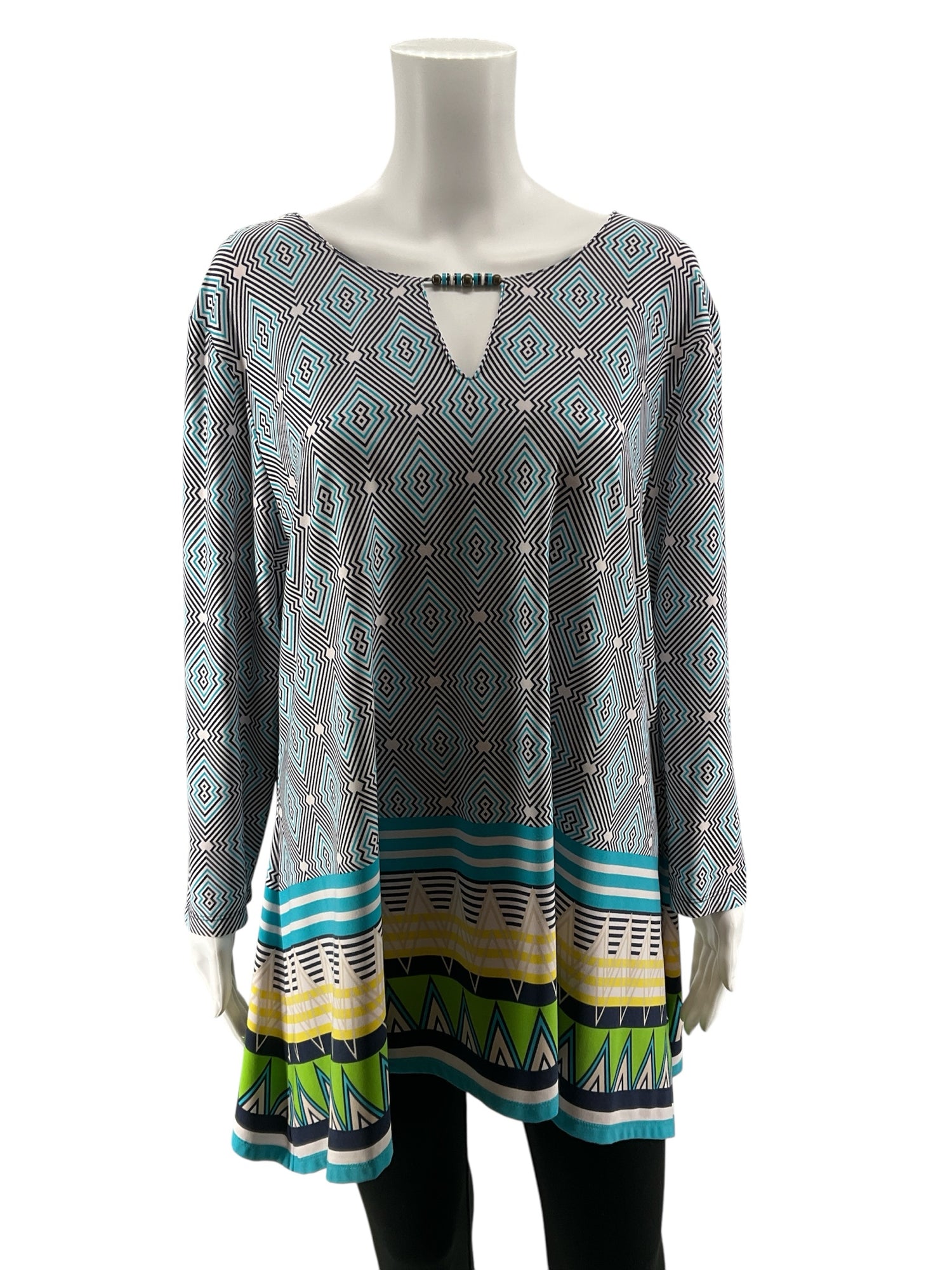 Ruby Rd. Mixed Print Tunic Top Beaded Keyhole 3/4 Sleeve Blouse | Size XL