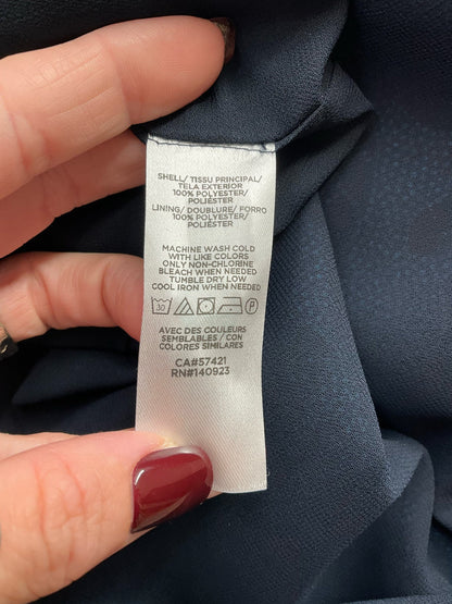 Ann Taylor blue and black print blouse with tie-neck, ruffle details, blouson sleeves, size small, new with tags.