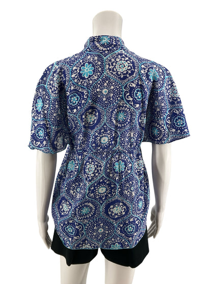 Trina Turk Fanciful Medallion Print Silk Cotton Blend Top Blue White Size Small