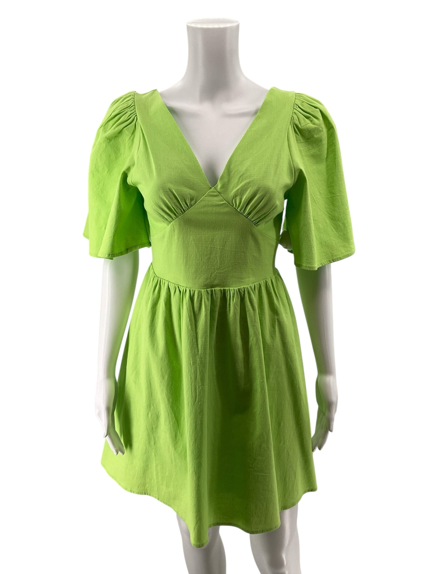 THML Lime Green Flutter Sleeve Smocked V-Neck Mini Dress | Size Small