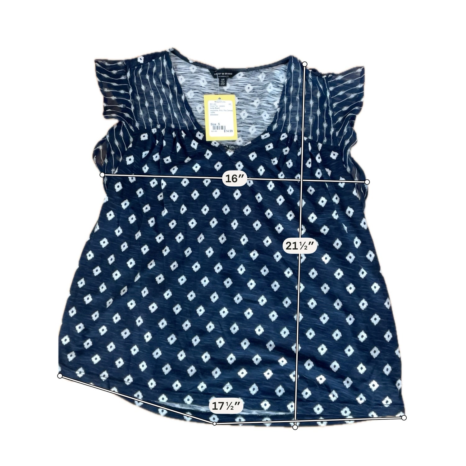 Lucky Brand Navy Ikat Diamond Print Mixed Media Top Size Small