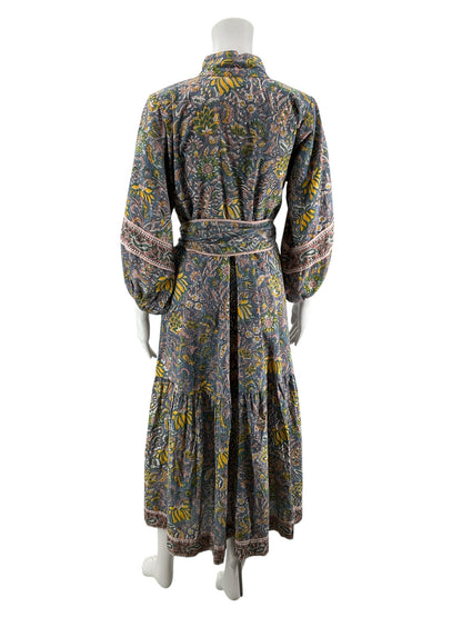 Sue Sartor Flounce Dress Size Small Blue Floral Paisley Print Boho Midi - ONLINE ONLY