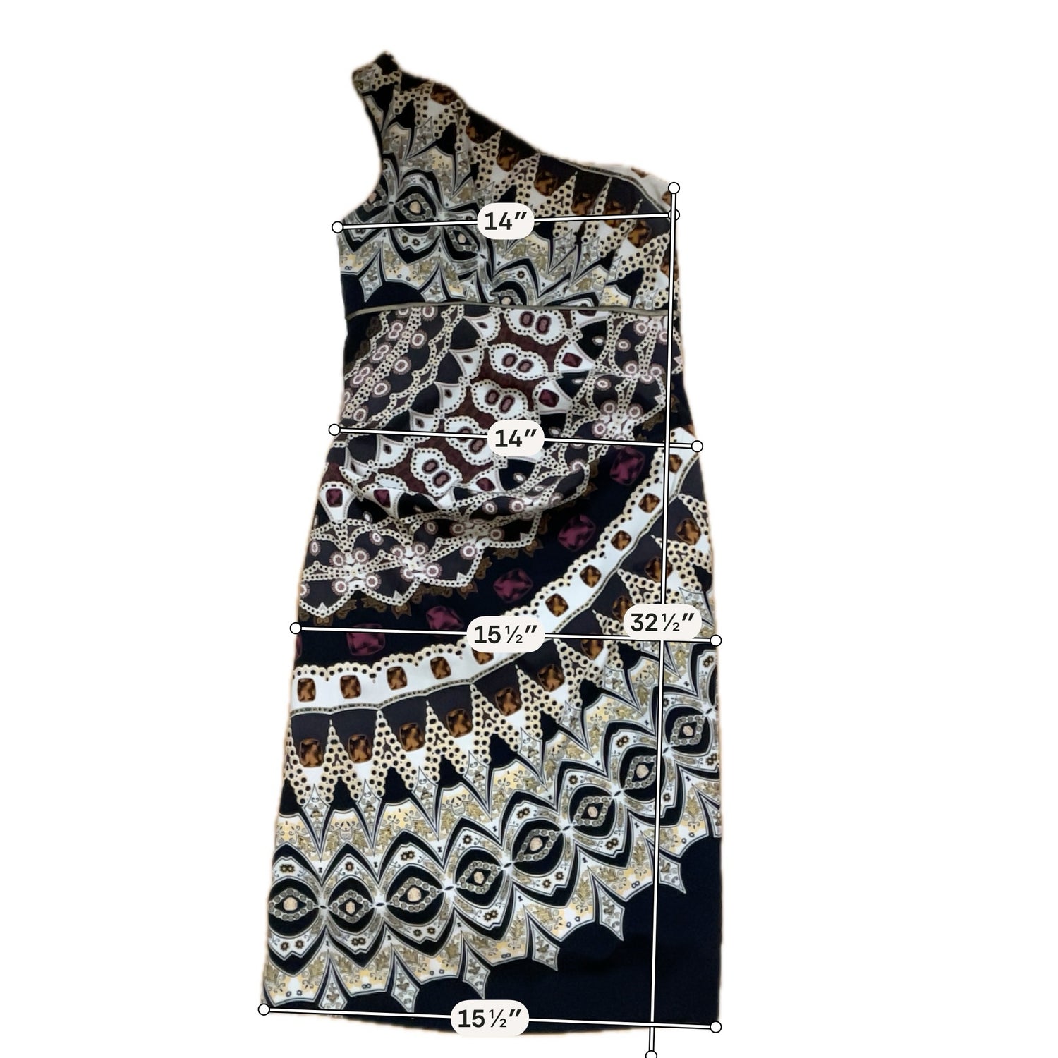 Nicole Miller Silk One Shoulder Ruched Bodycon Dress Size 8 | Baroque Chain Print