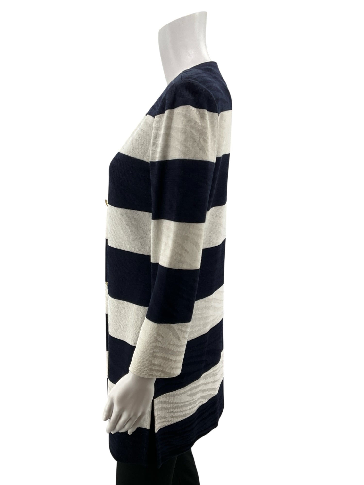 Ming Wang Striped Knit Topper Jacket Cardigan Navy White Gold Button Size XS