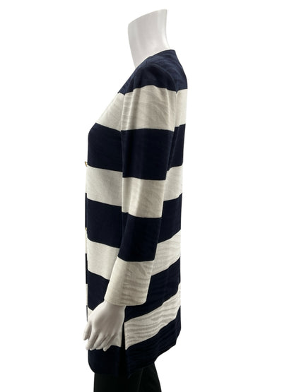 Ming Wang Striped Knit Topper Jacket Cardigan Navy White Gold Button Size XS