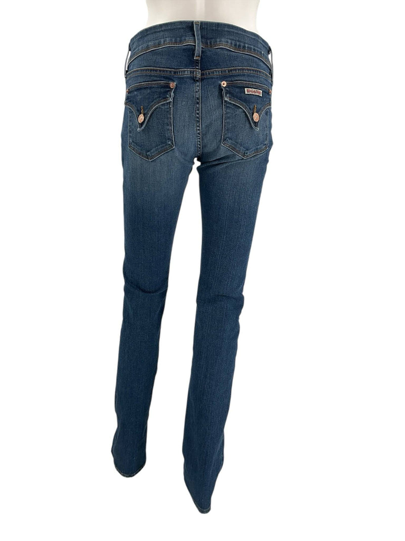 Back view of Hudson Dark Blue Pre-Owned Jeans - Size 4 featuring flap pockets with button closures and signature stitching.