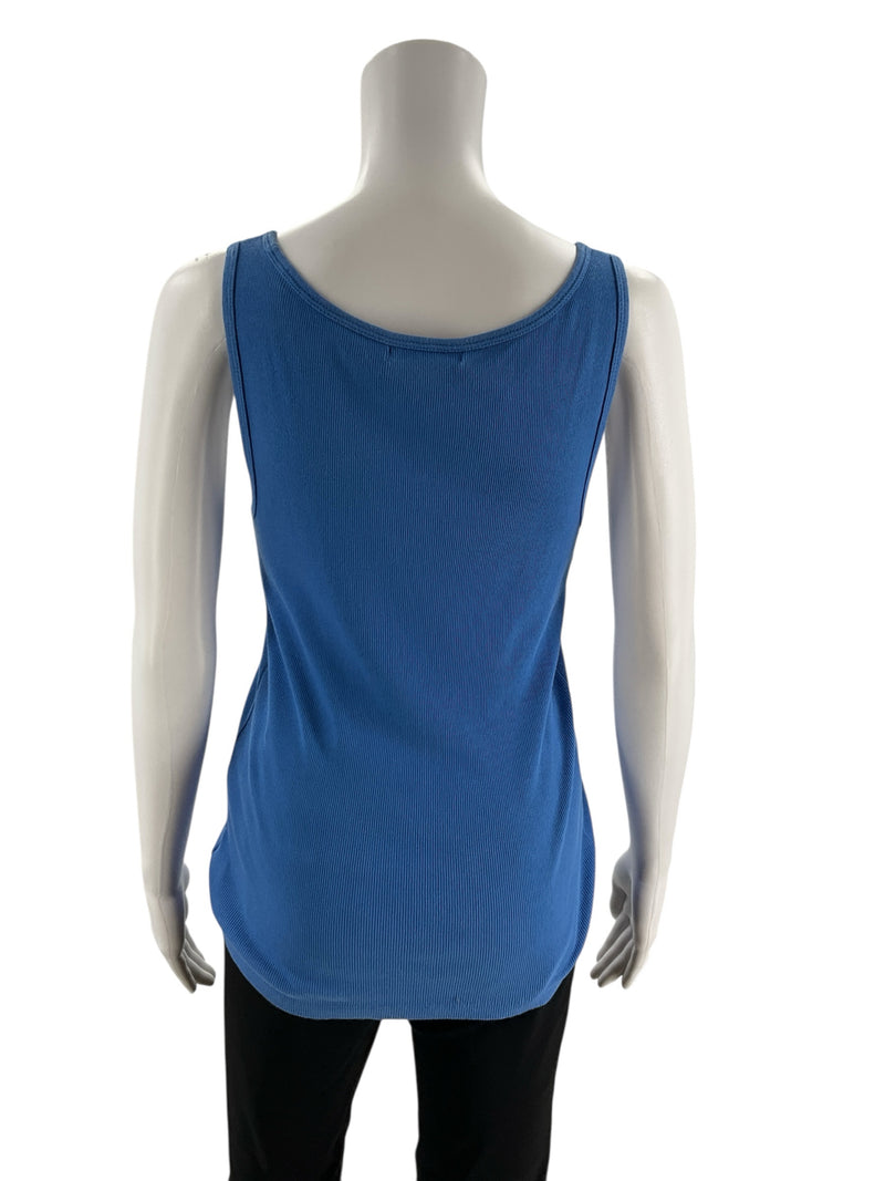 Back view of Lauren Ralph Lauren blue ribbed cotton tank top in size S/P on mannequin, showing full-length and sleeveless design.
