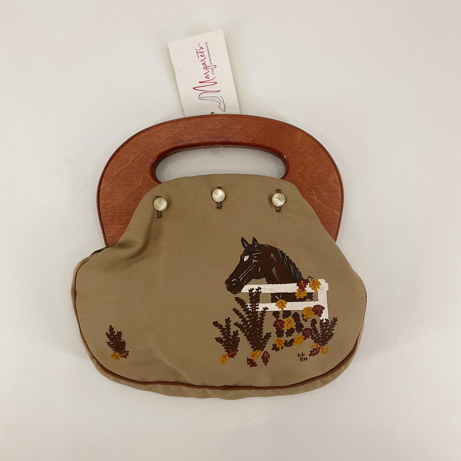 Banner House Vintage Equestrian Horse Scene Canvas Tote Bag with Wooden Handles