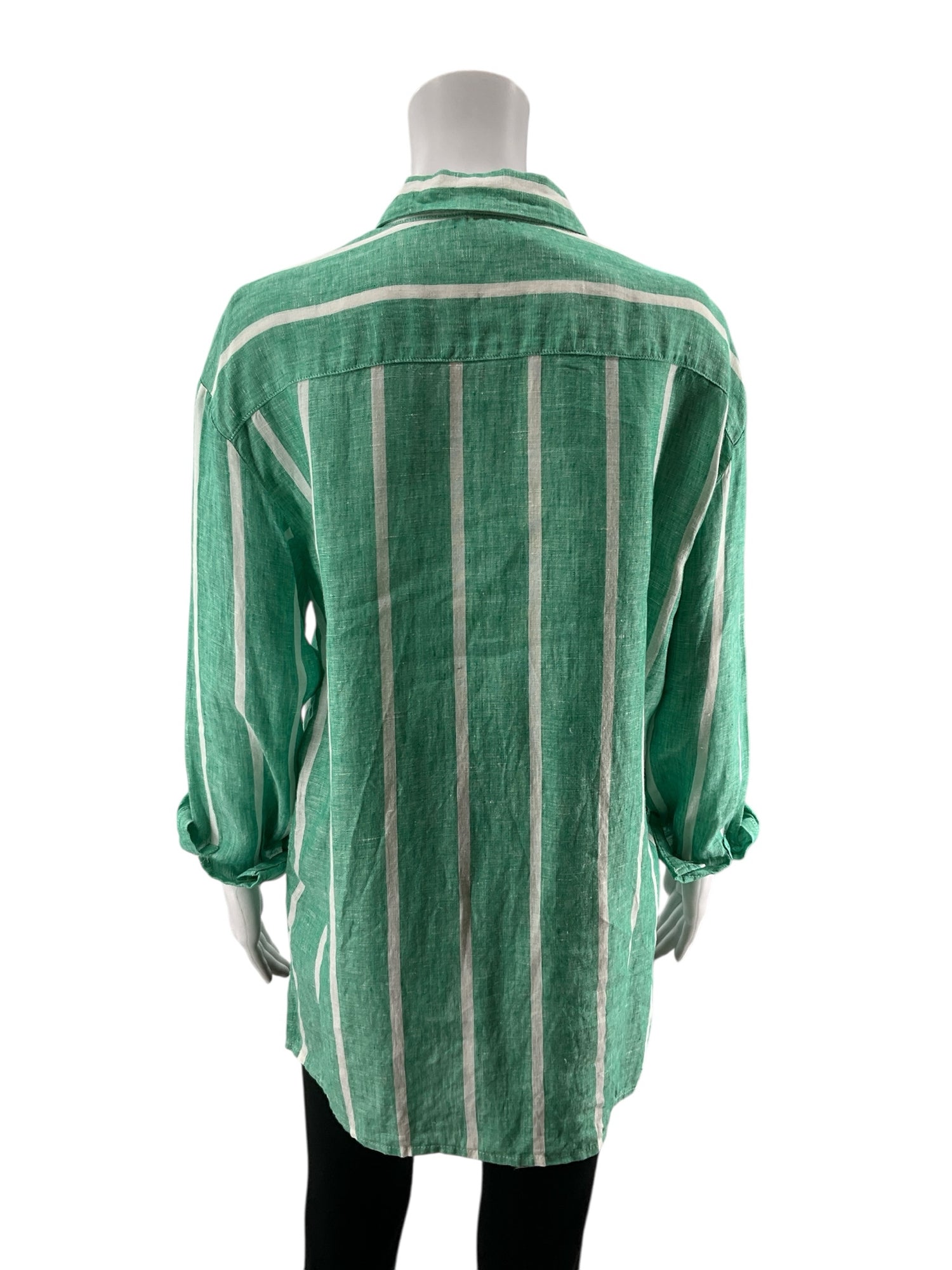 Magaschoni Green/White Button Down Green &amp; White Striped 100% Linen Button Down Shirt Size Small - Size S