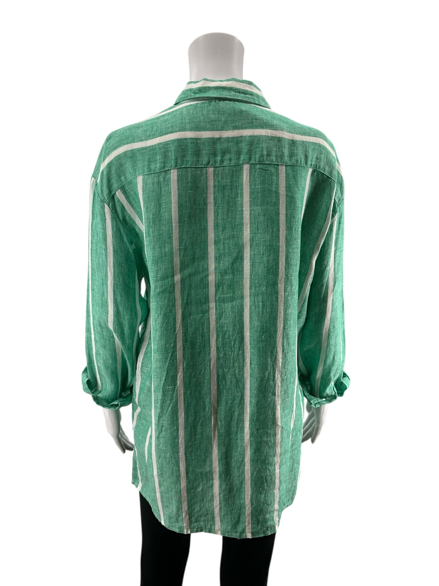 Magaschoni Green/White Button Down Green &amp; White Striped 100% Linen Button Down Shirt Size Small - Size S